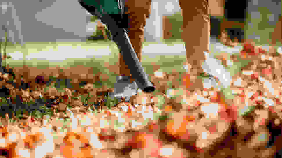 A gardener blowing leaves off a lawn with a leaf blower