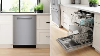 A Bosch Bencdishwasher closed on the left and open on the right.