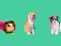 A collage featuring a guinea pig in a tunnel, a cat and a dog on a green background