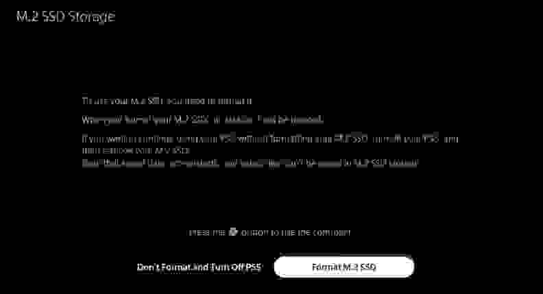 A PS5 start up notice informing the player to format the newly inserted M.2 SSD card.
