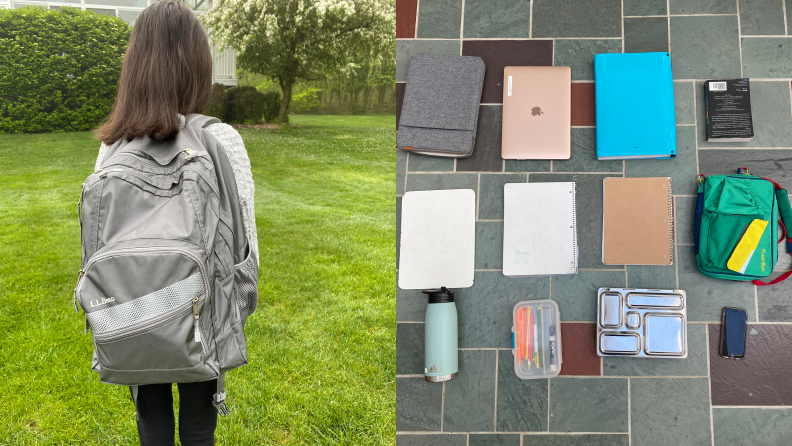 On the left: A teenager with their back to the camera wearing a grey L.L. Bean backpack. On the right: Everything that was put into the backpack, including a lunch box, notebooks, and laptops.