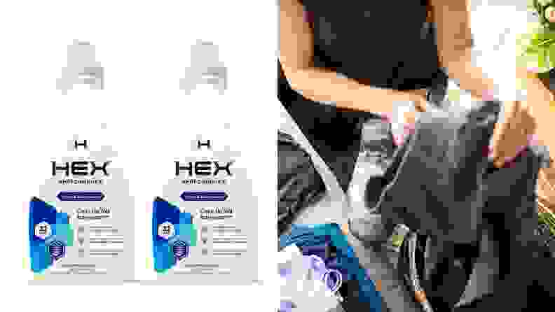 A woman doing laundry with HEX detergent.