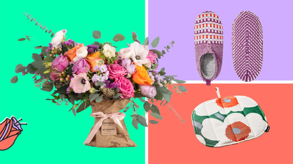 A bouquet, Bombas slippers, and a Marimekko pot holder appear on a multicolored Mother's Day background.