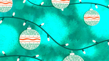 An artistic rendition of Christmas lights and baubles over a textured teal background.