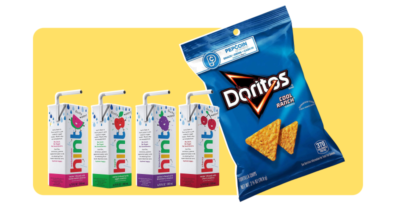 Four boxes of Hint Kids flavor water next to a large bag of Cool Ranch Doritos tortilla chips.