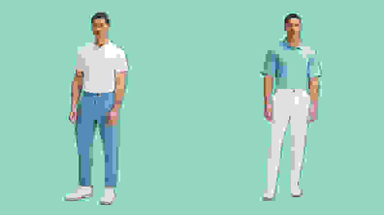 A man wearing a blue lululemon Stretch Nylon Classic-Tapered Golf Pant and a man wearing a white pair on a teal background.