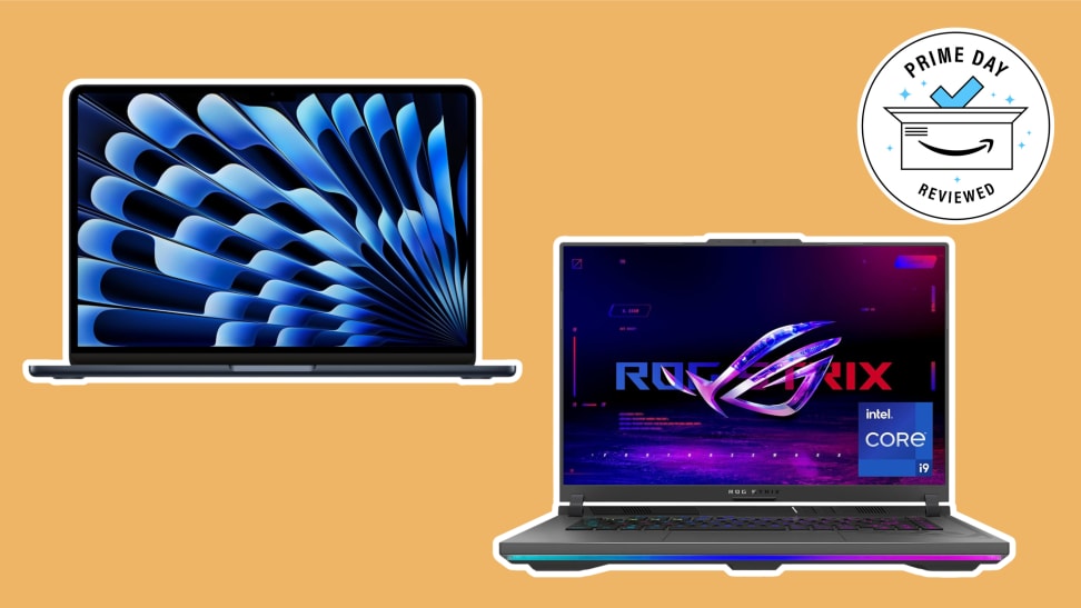 An Asus gaming laptop and a Macbook Air sit on a colorful background