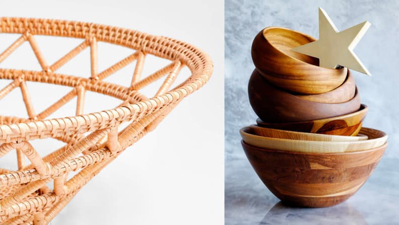 Close up images of wicker and wood bowls.