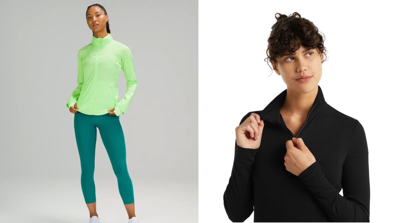 left: woman wearing green lululemon goal smasher jacket. right: woman wearing black icebreaker jacket.