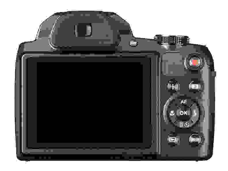 The Pentax XG-1 has a simple rear control panel with a basic layout, a 3-inch fixed LCD, and a small electronic viewfinder.