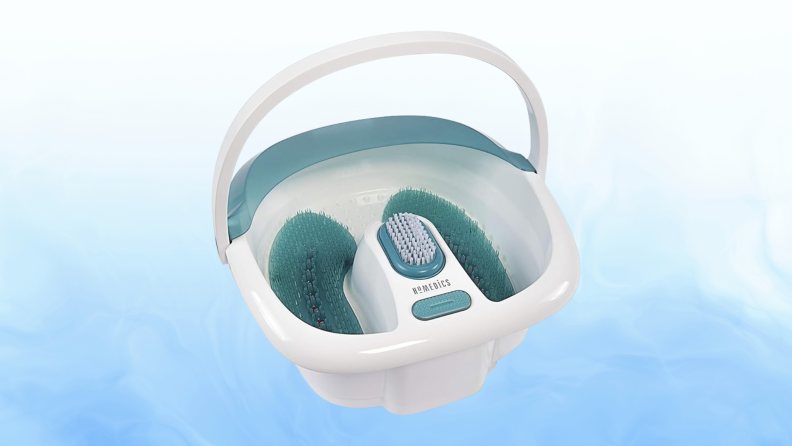 HoMedics foot spa with blue background.
