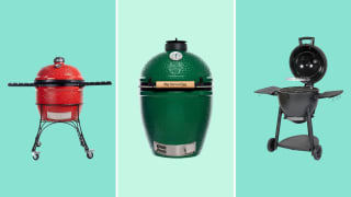From left: A Kamado Joe grill, Big Green Egg, and Char-Griller Akorn Grill on blue background.