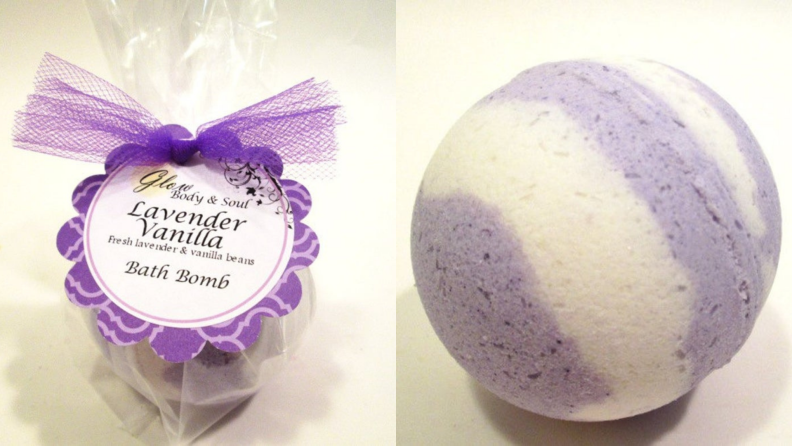 On left, purple and white lavender vanilla bath bomb fizzy. On right, purple and white unwrapped bath bomb.