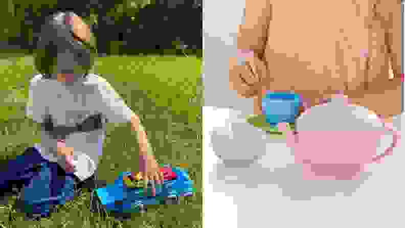 On one side, a child plays with a car transporter. On the other side a child plays with a pastel tea set.