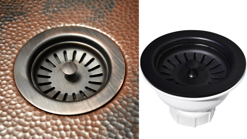 On left, sink made of copper material with silver drain. On right, matte black sink drain.