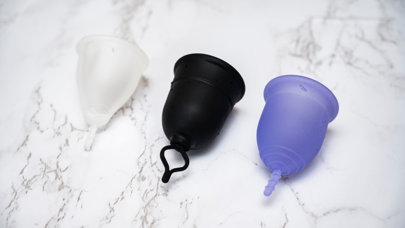 Divacup, Flex Cup, and Lena cup on white background.