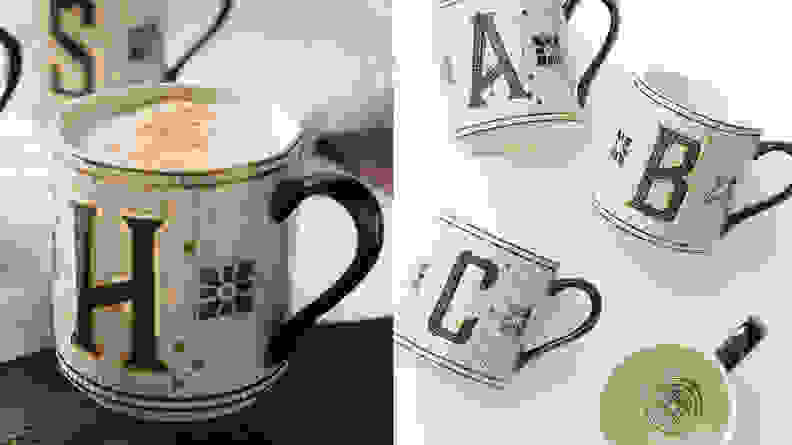 Two images of a monogram subway tile mug.