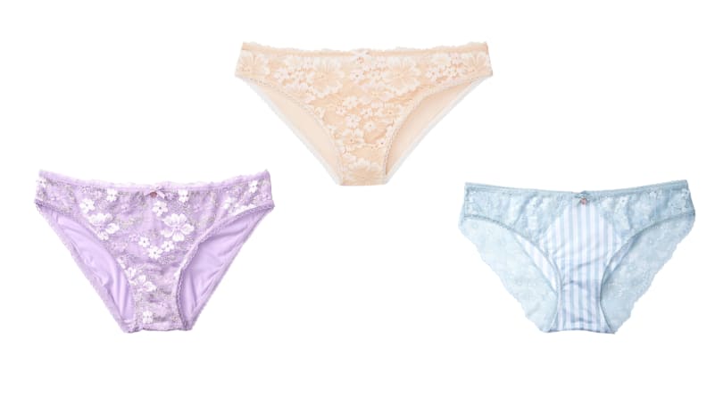 3 images of the lace bikini panty in purple beige and blue