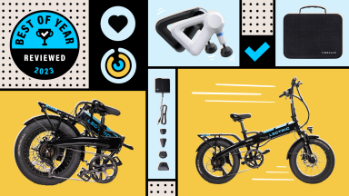 A collage featuring a blue-and-black graphic reading Best of Year, Reviewed 2023 and multiple images of the Lectric XP 3.0 e-bike and Theragun Elite massage gun.