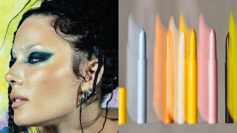 Halsey's profile wearing dark blue and green eye makeup from About-Face.