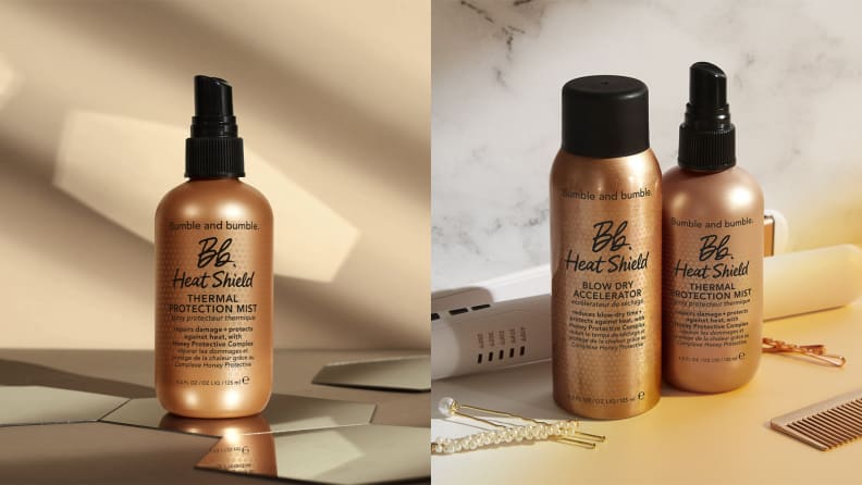 On the left: A gold spray bottle. On the right: Two hold spray bottles next to each other.