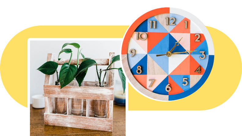 Wooden plant holder next to multi-colored orange, white and blue analog clock.