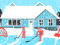 人们在家里后院的室外溜冰场上玩曲棍球和滑冰的卡通画。