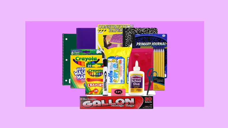 A school supply bundle on a purple background