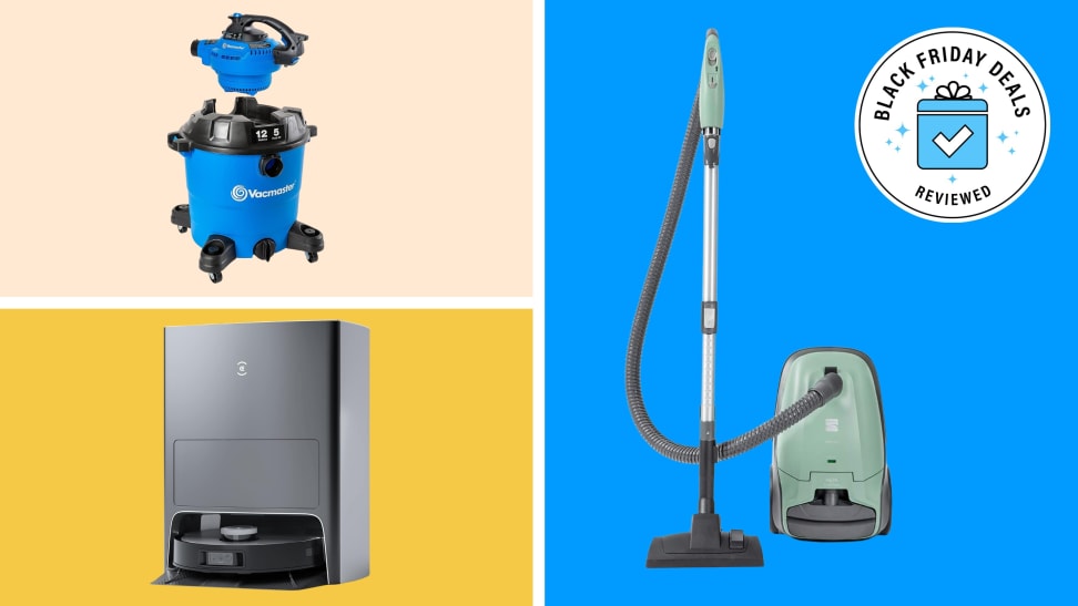 Three different vacuums with the Black Friday Deals Reviewed badge in front of colored backgrounds.