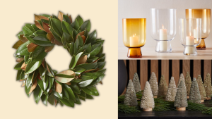 A wreath, candle holders, and bottle brush trees.
