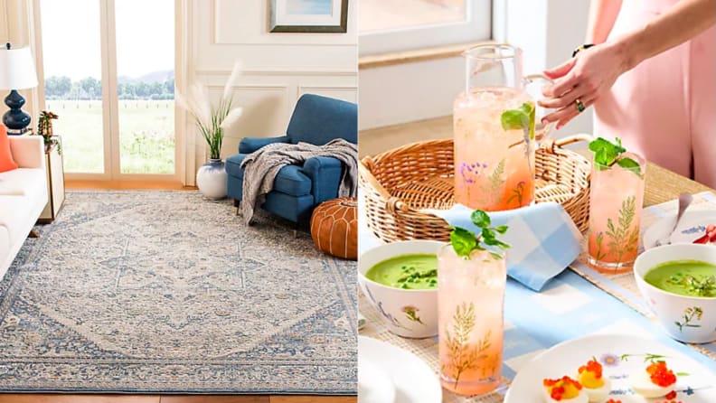 An image of a Persian-style rug in blue, alongside an image of a set of floral glassware being used to serve pink lemonade.