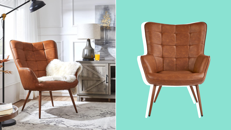 Tan leather armchair in modern living room setting.