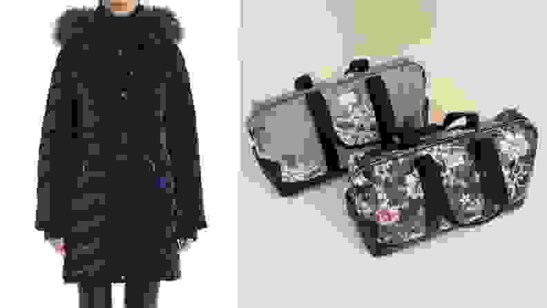 A Badgley Mischka winter coat with lining and two duffle bags.