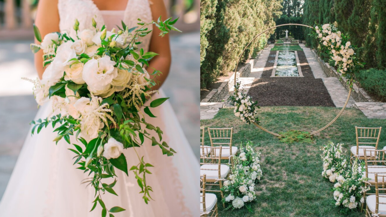 woman holding bouquet of flowers, ceremony setup