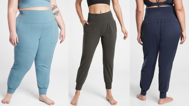 Three different people wearing Athleta leggings in different colors