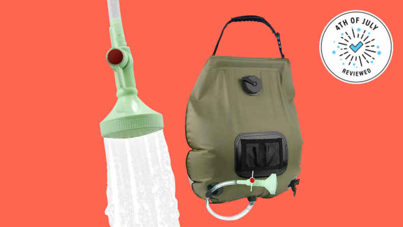 A portable shower bag and head.