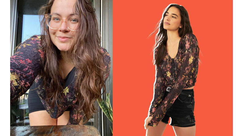 Collage of the author and a model wearing the Angelina Lace Top. The blouse is black with a floral print.