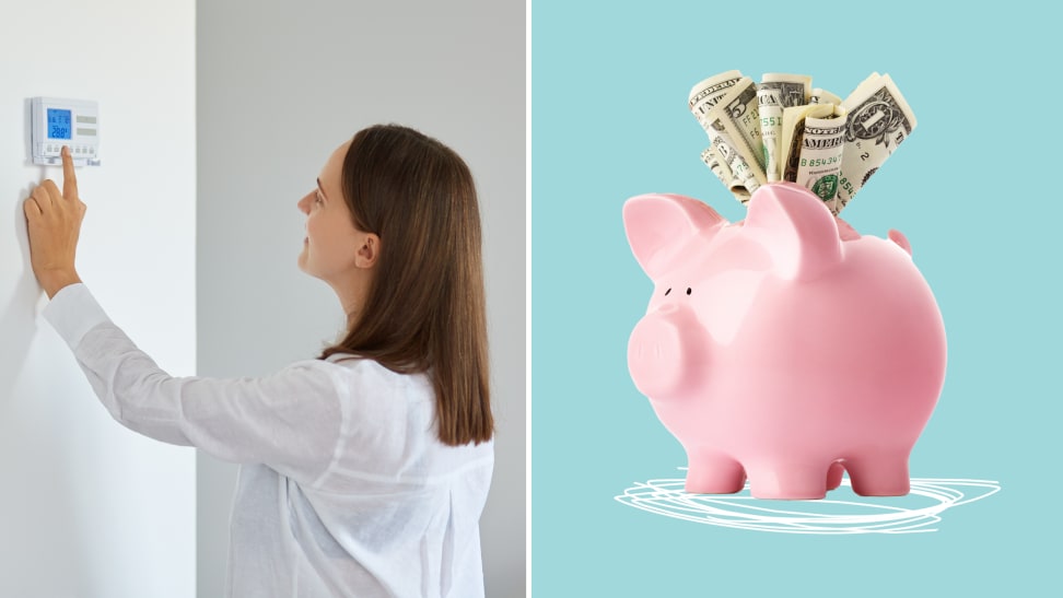 On left, person using mounted thermostat to adjust heat in home. On right, pink piggy bank with money sticking out.