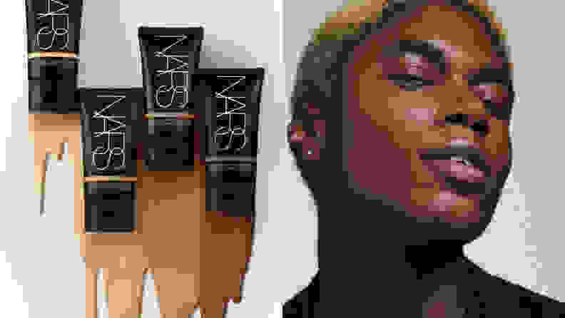 On the left: Four tubes of the Nars Pure Radiant Tinted Moisturizer Broad Spectrum SPF 30 laying next to each other with the formula rubbing down from each bottle onto a white background. On the right: A man with a dark complexion closes his eyes and tilts his head up to show smooth skin.