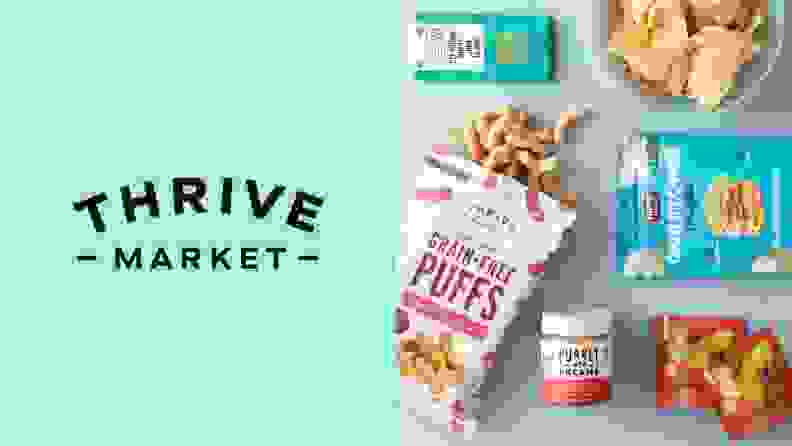 Thrive Market logo and snacks