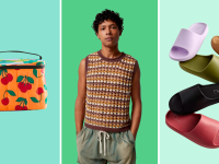 An image of Urban Outfitters' products for summer including a Baggu cooler in cherry print, a brown and yellow open-weave sweater vest, and several pairs of slide sandals.