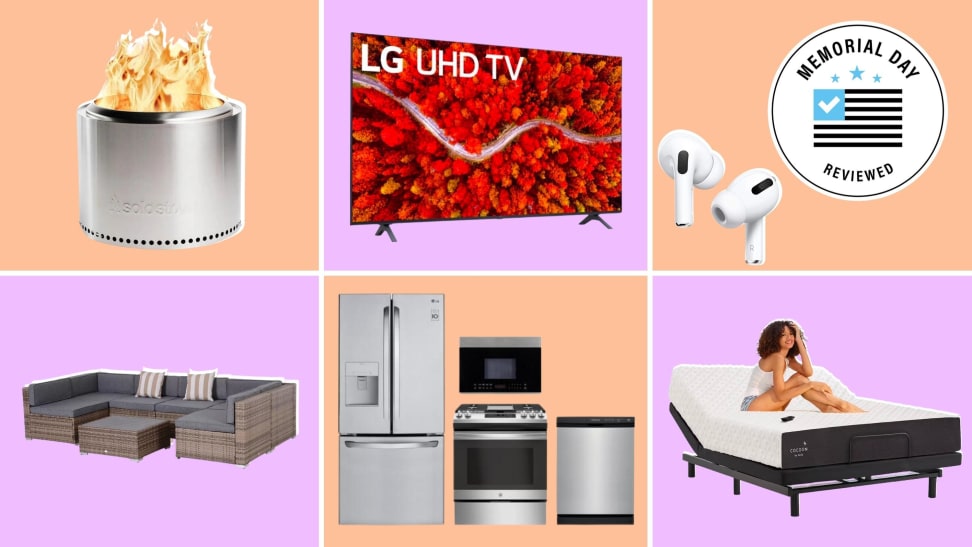 A solo stove, an LG TV, AirPods, A sectional, a fridge, oven with microwave, and dishwasher, and a mattress partially reclined against alternating peach and pink backgrounds.