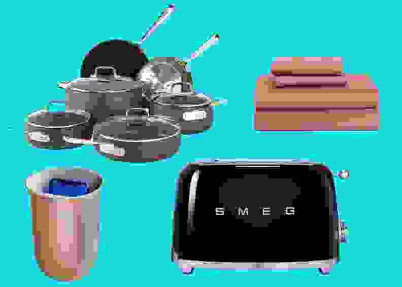 Towels, pots and pans and more on blue background