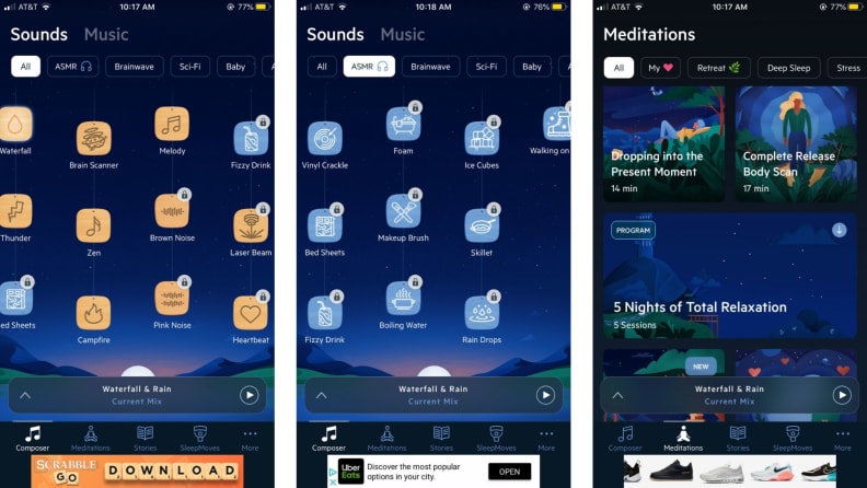 three screenshots of relax melodies, which blends sounds from the paid and unpaid versions together, making the library more challenging to navigate