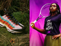 A shoe next to a women holding a tennis racket