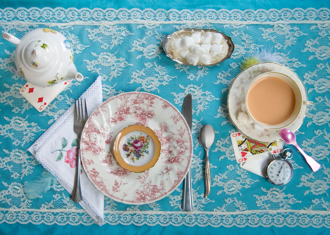 “‘Have some wine,’ the March Hare said in an encouraging tone. Alice looked all round the table, but there was nothing on it but tea.”
