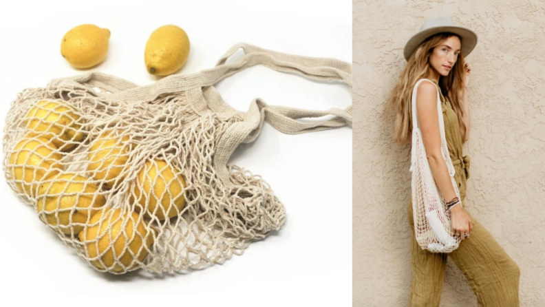 On left, tan colored mesh bag filled with lemons. On right, woman wearing tan colored mesh bag on her shoulder.