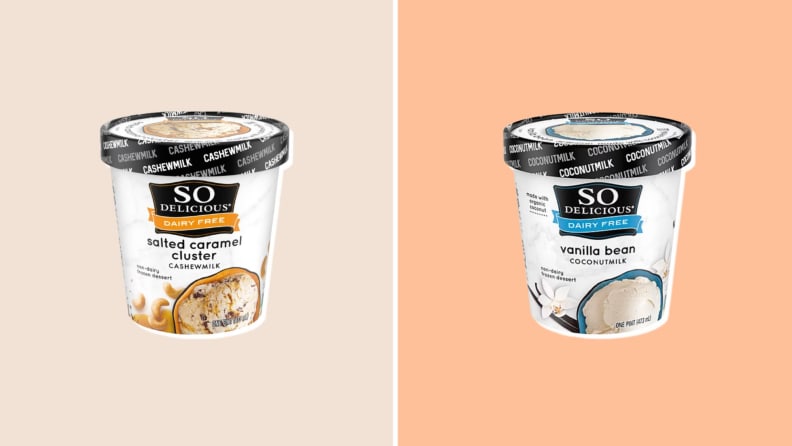 Two pints of dairy free ice cream from So Delicious side by side.