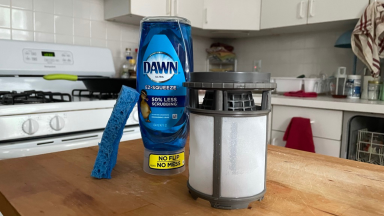 A dishwasher filter next to a bottle of dish soap and a sponge.