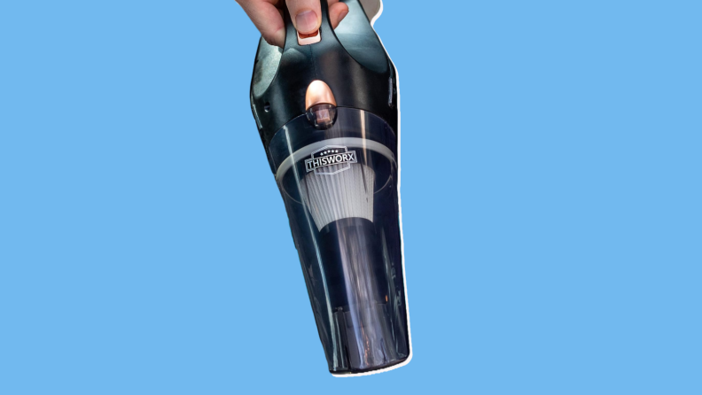 A ThisWorx Car Vacuum Cleaner on a blue background
